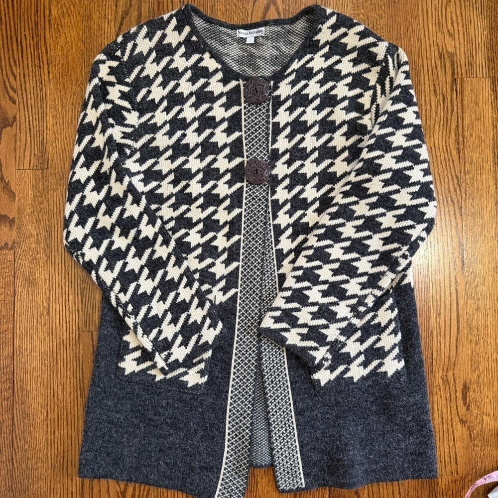 Nicole Alexander Gray Cream Mid Length Cardigan Sweater Wool Blend Size Large